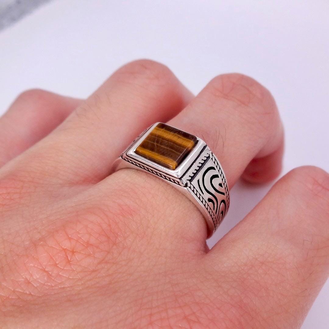 Vintage Tigers Eye Mens Ring 925 Sterling Silver