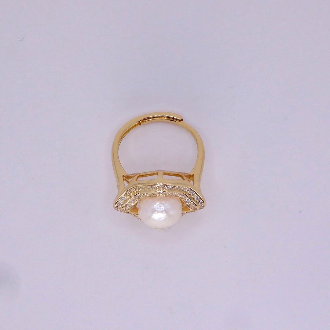Vintage Biwa Pearl Ring Golden 925 Sterling Silver Cocktail Statement Adjustable