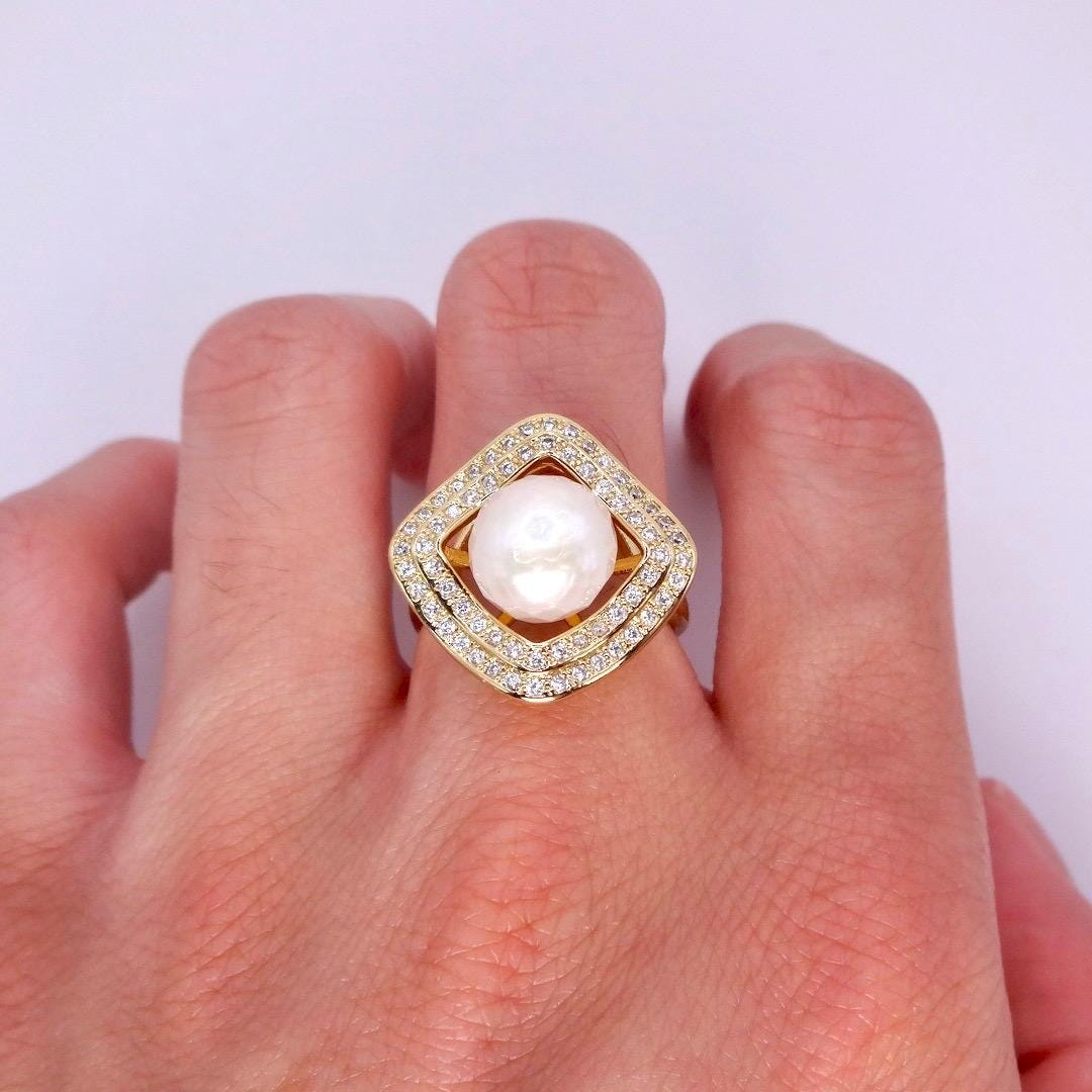 Vintage Biwa Pearl Ring Golden 925 Sterling Silver Cocktail Statement Adjustable
