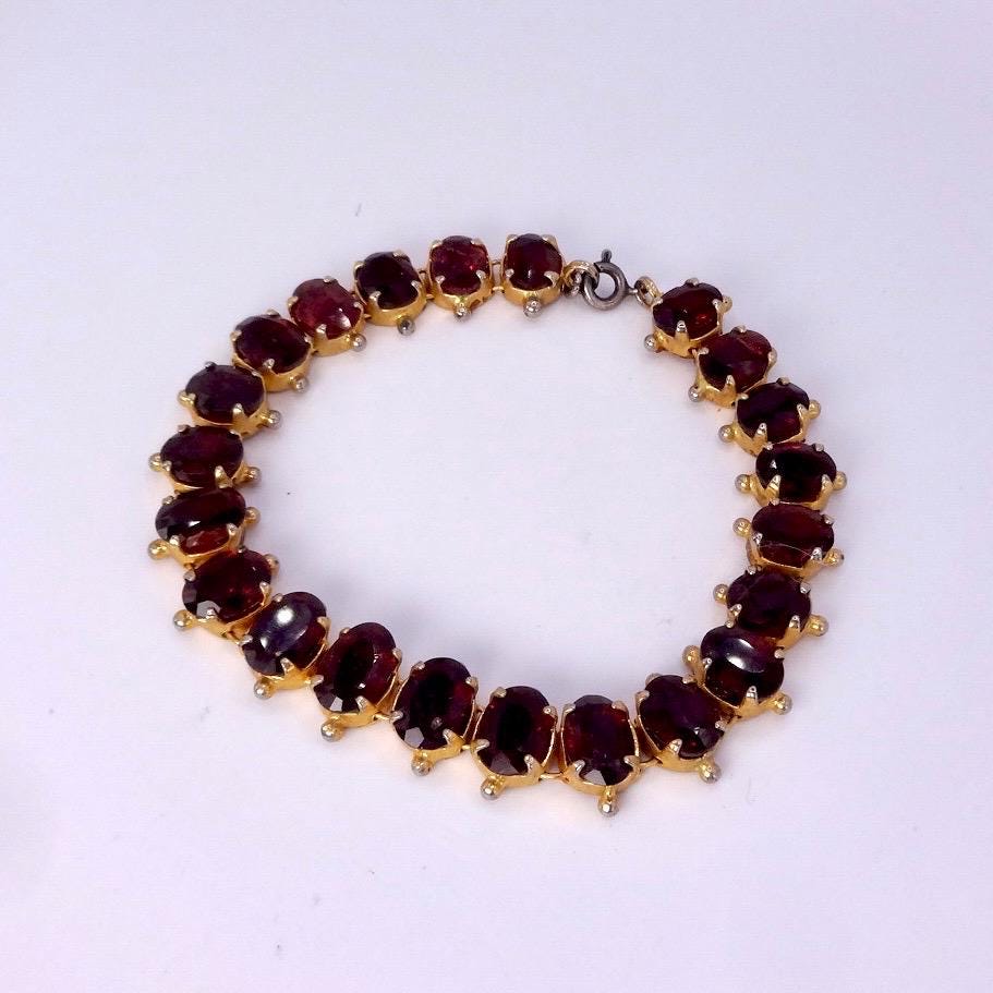 Vintage Red Garnet Bracelet Golden 925 Sterling Silver Deco Tennis