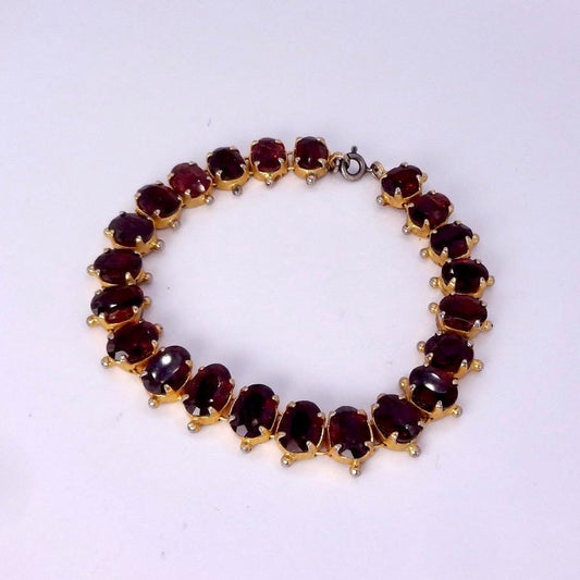 Vintage Red Garnet Bracelet Golden 925 Sterling Silver Deco Tennis