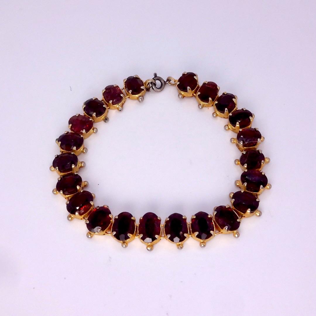 Vintage Red Garnet Bracelet Golden 925 Sterling Silver Deco Tennis