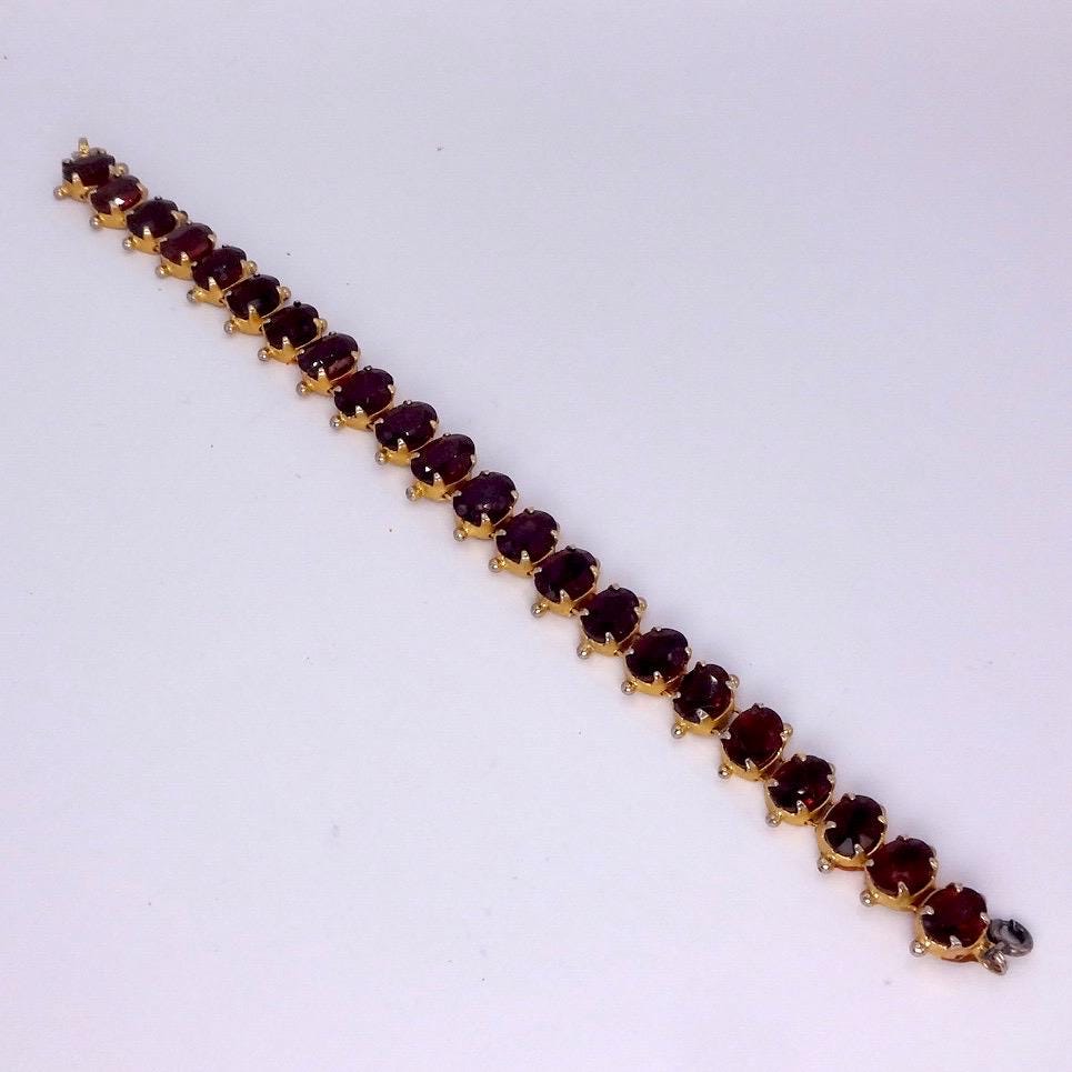 Vintage Red Garnet Bracelet Golden 925 Sterling Silver Deco Tennis