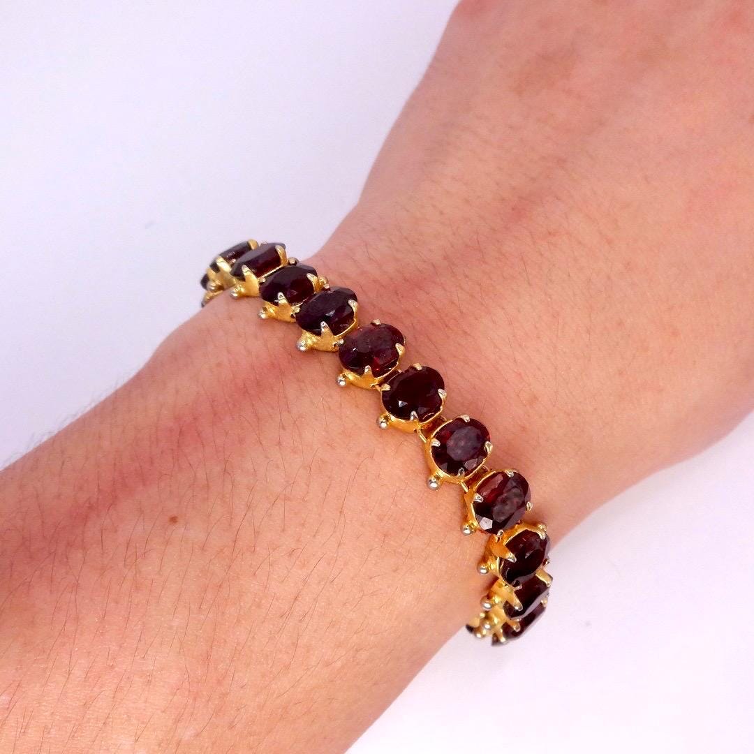 Vintage Red Garnet Bracelet Golden 925 Sterling Silver Deco Tennis