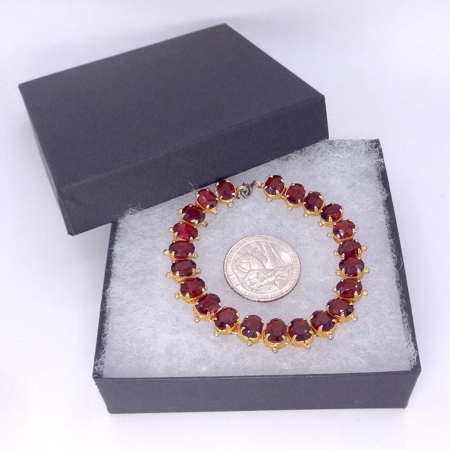Vintage Red Garnet Bracelet Golden 925 Sterling Silver Deco Tennis