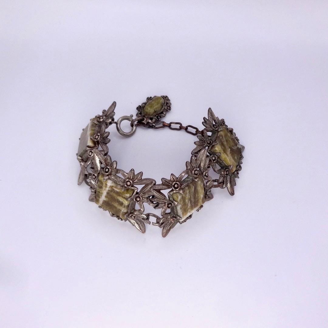 Vintage Gothic Silver Pewter Green Onyx Bracelet