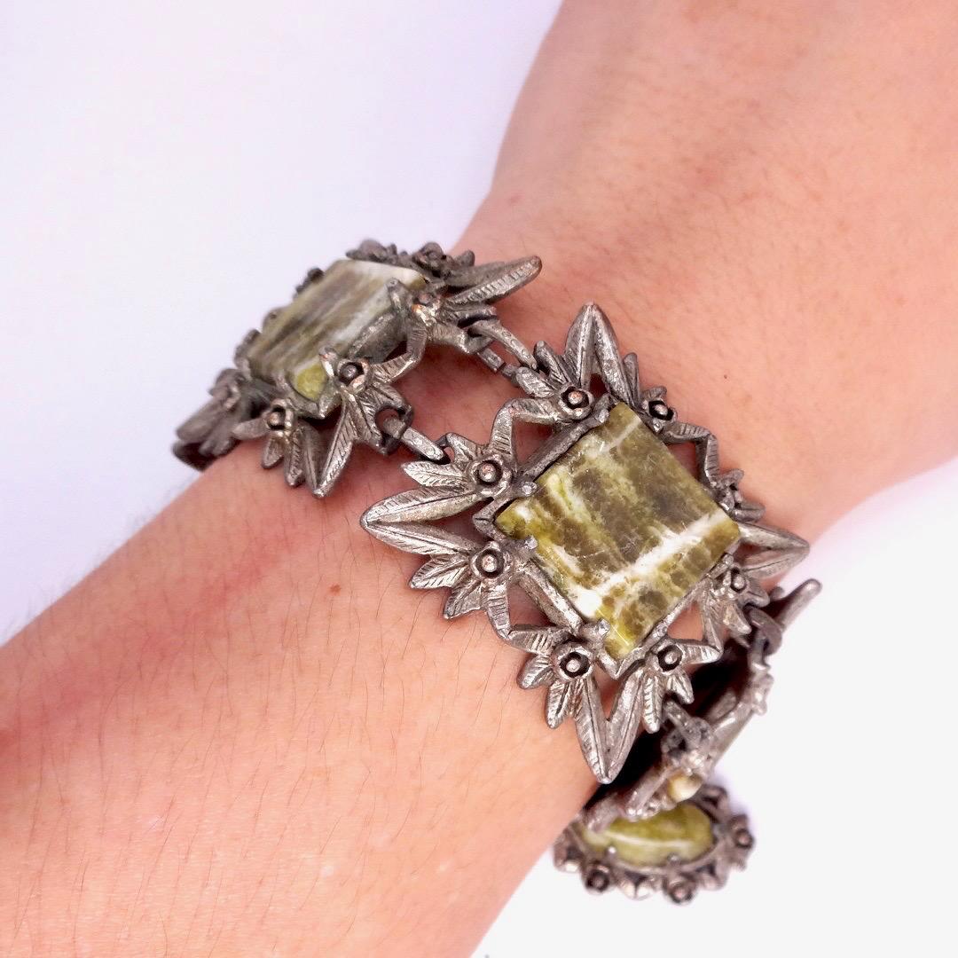 Vintage Gothic Silver Pewter Green Onyx Bracelet