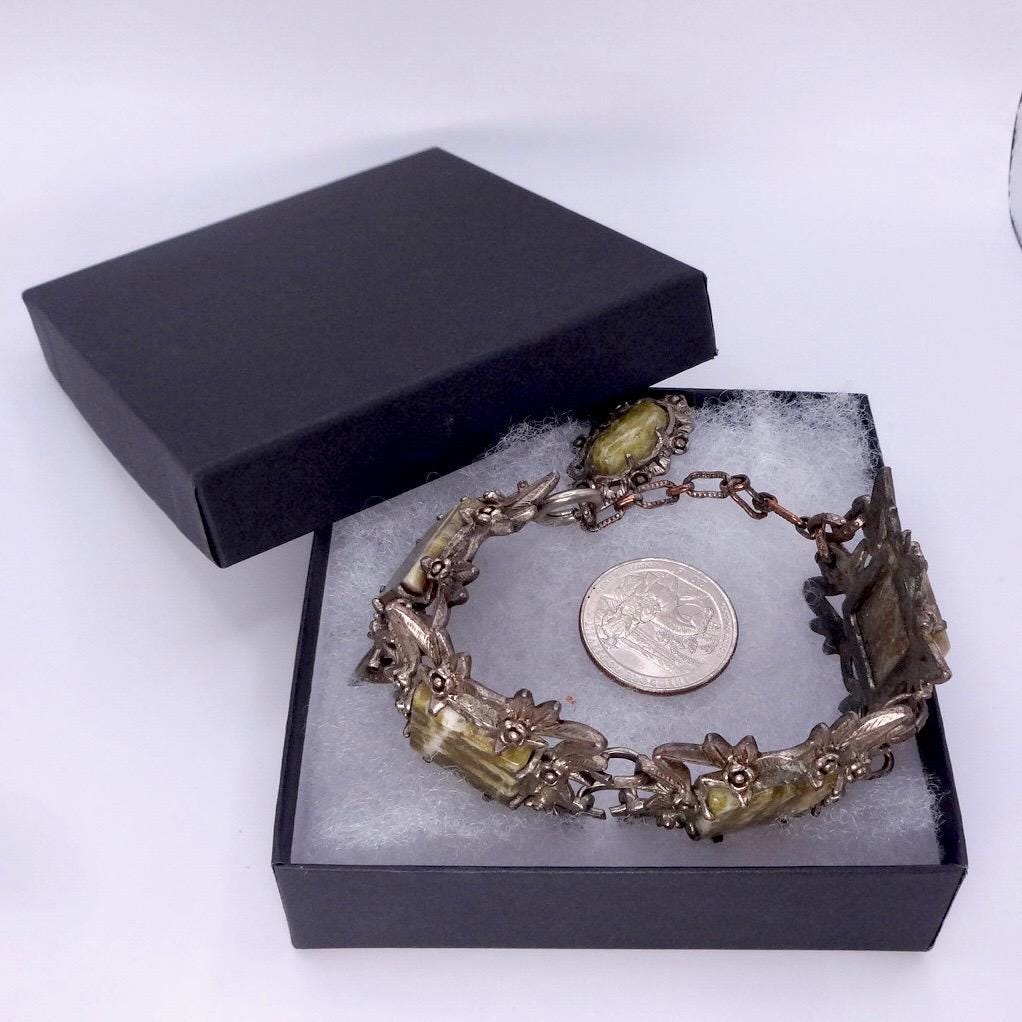 Vintage Gothic Silver Pewter Green Onyx Bracelet