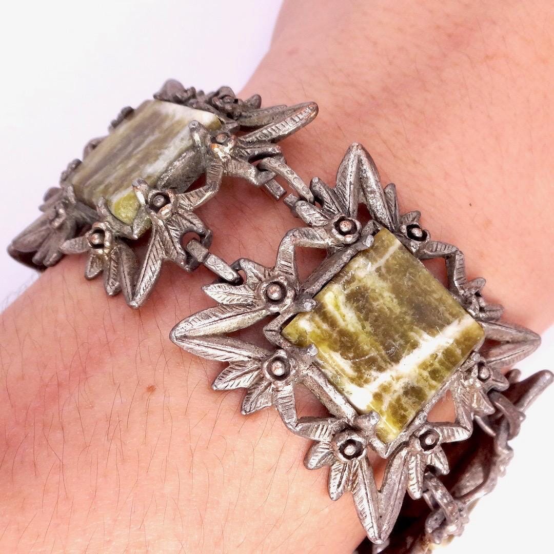 Vintage Gothic Silver Pewter Green Onyx Bracelet