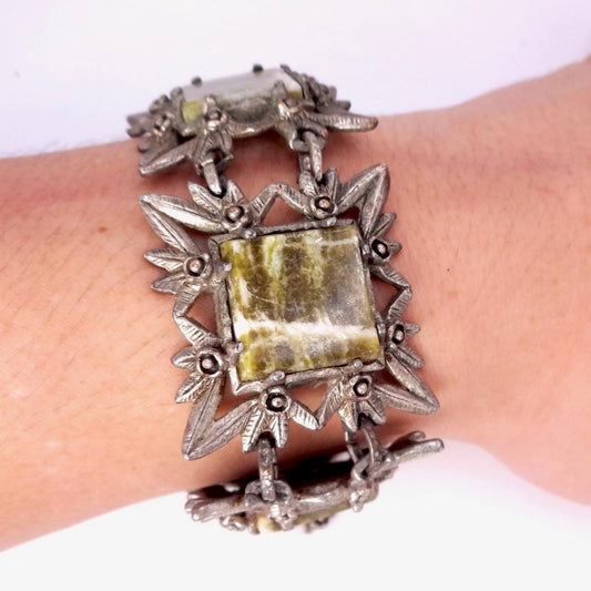 Vintage Gothic Silver Pewter Green Onyx Bracelet