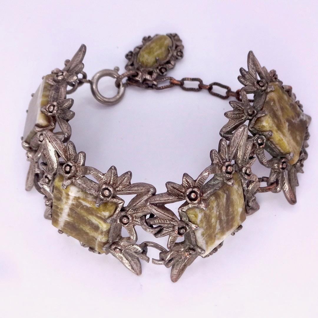 Vintage Gothic Silver Pewter Green Onyx Bracelet