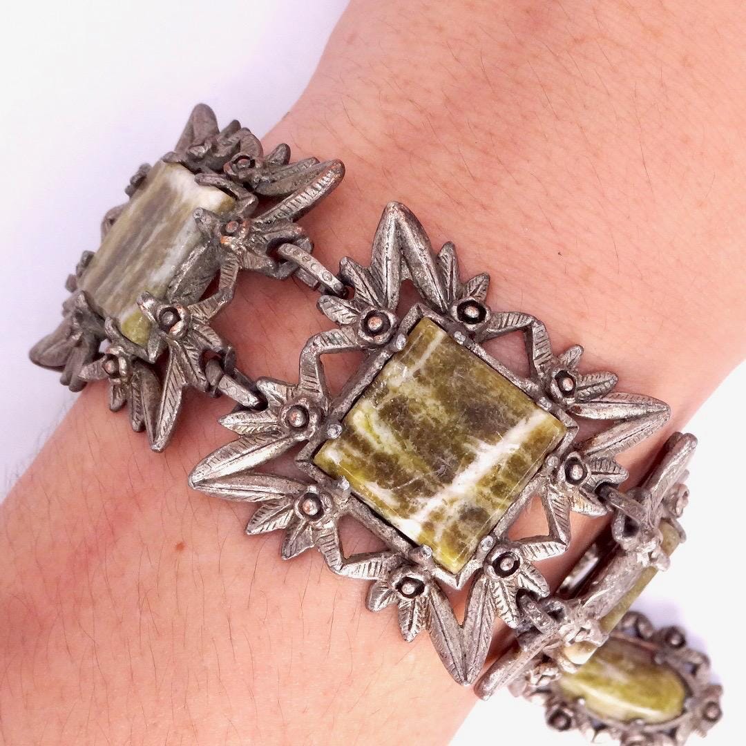 Vintage Gothic Silver Pewter Green Onyx Bracelet