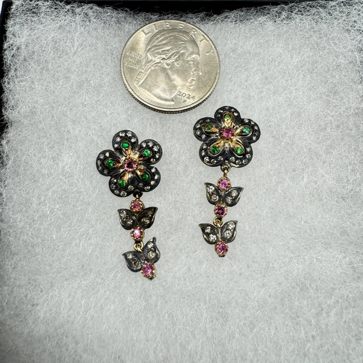 Vintage 925 Sterling Silver Gold Diamond Tourmaline Drop Earrings