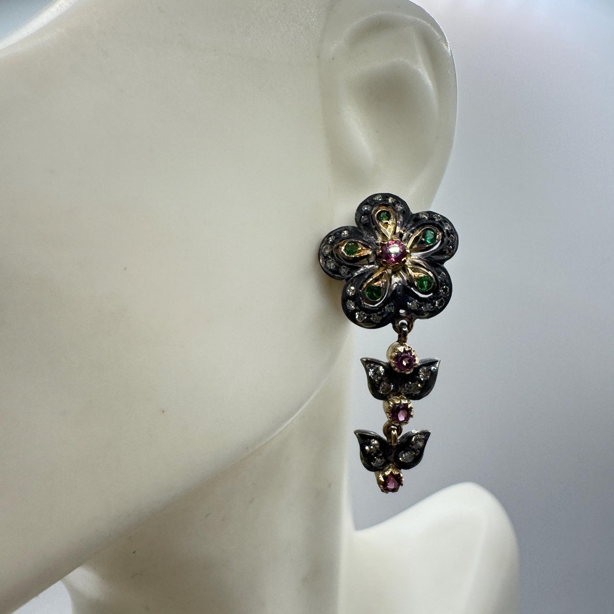 Vintage 925 Sterling Silver Gold Diamond Tourmaline Drop Earrings