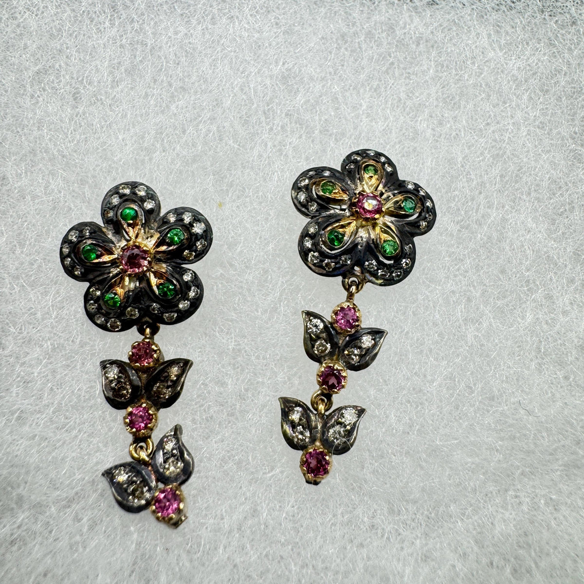 Vintage 925 Sterling Silver Gold Diamond Tourmaline Drop Earrings