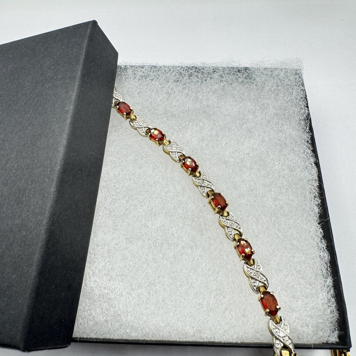 Vintage Red Garnet and Diamond Chip Bracelet 925 Sterling Silver Deco Tennis