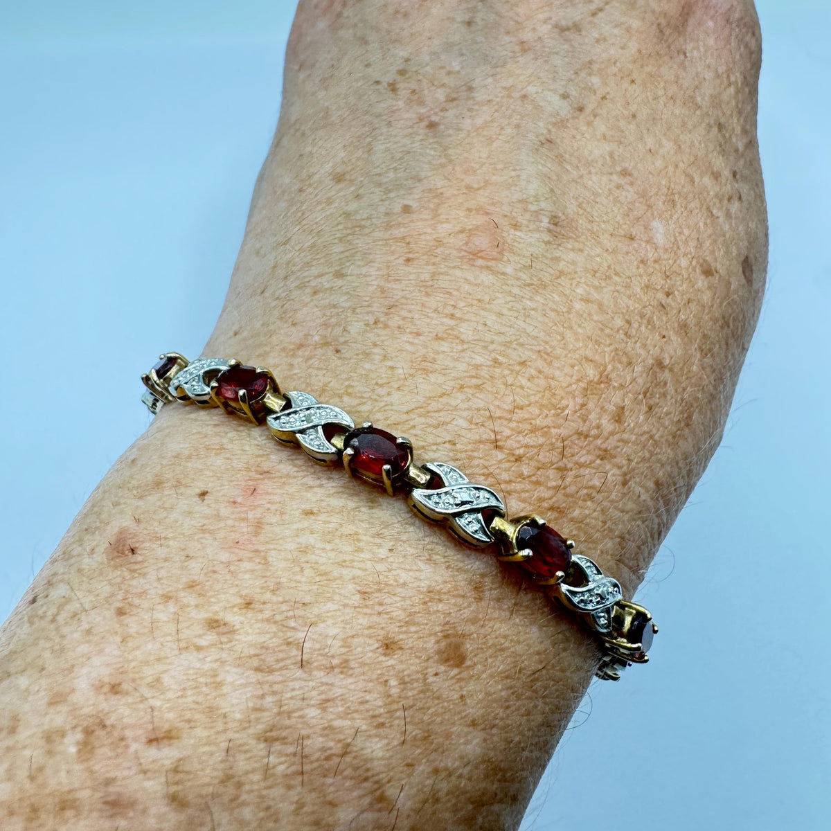 Vintage Red Garnet and Diamond Chip Bracelet 925 Sterling Silver Deco Tennis