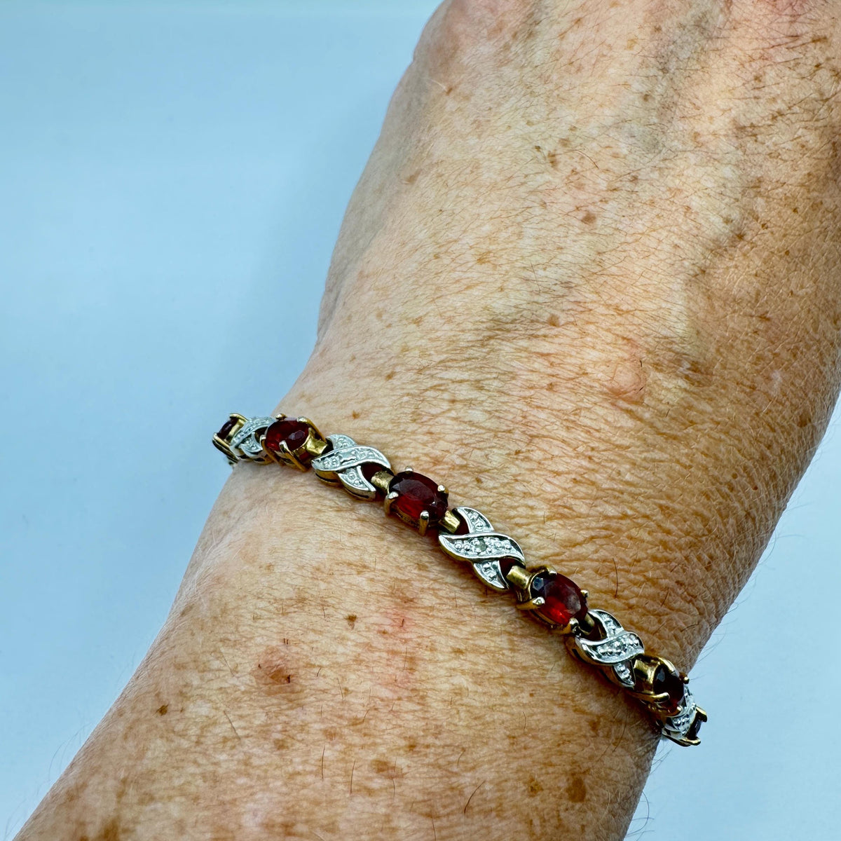 Vintage Red Garnet and Diamond Chip Bracelet 925 Sterling Silver Deco Tennis