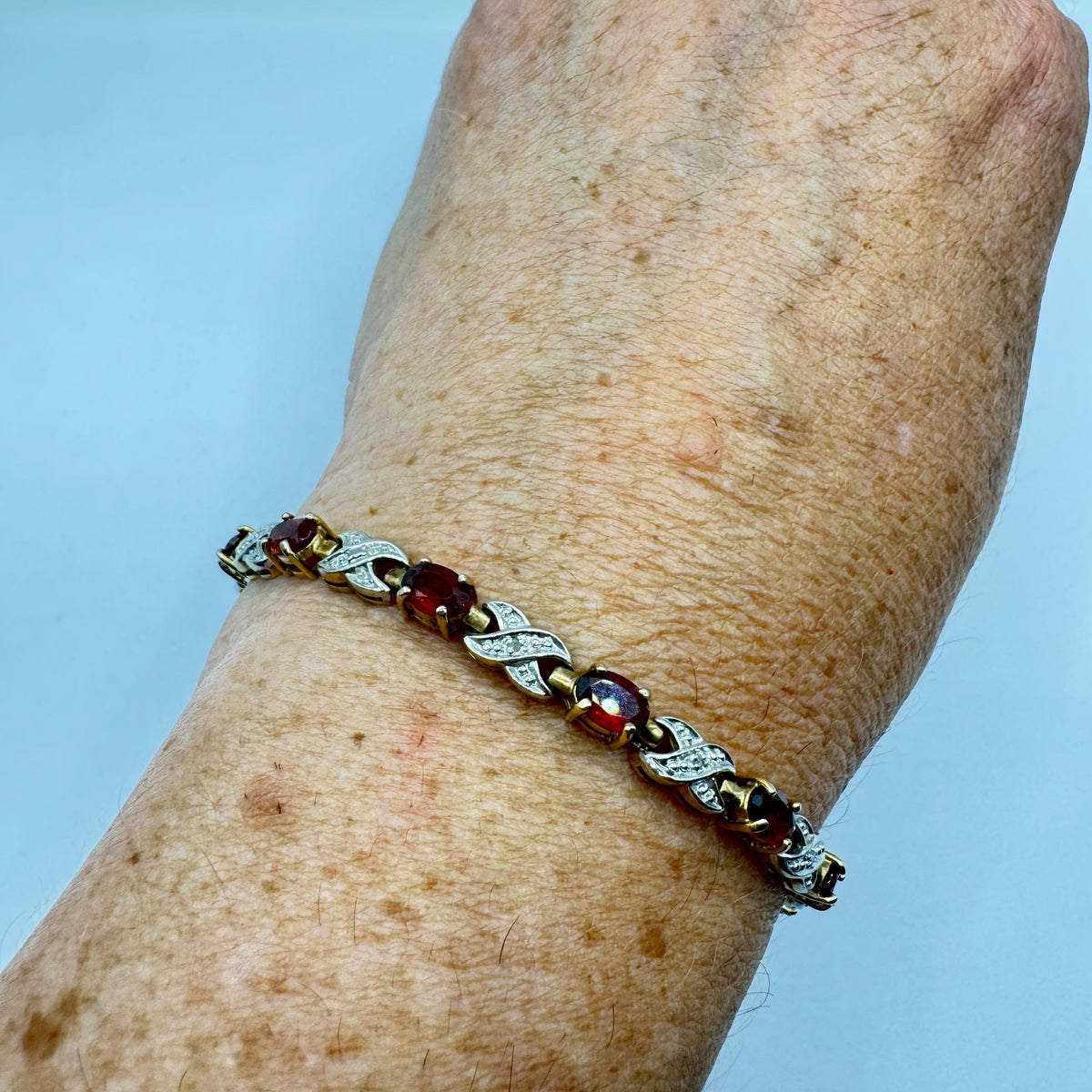Vintage Red Garnet and Diamond Chip Bracelet 925 Sterling Silver Deco Tennis