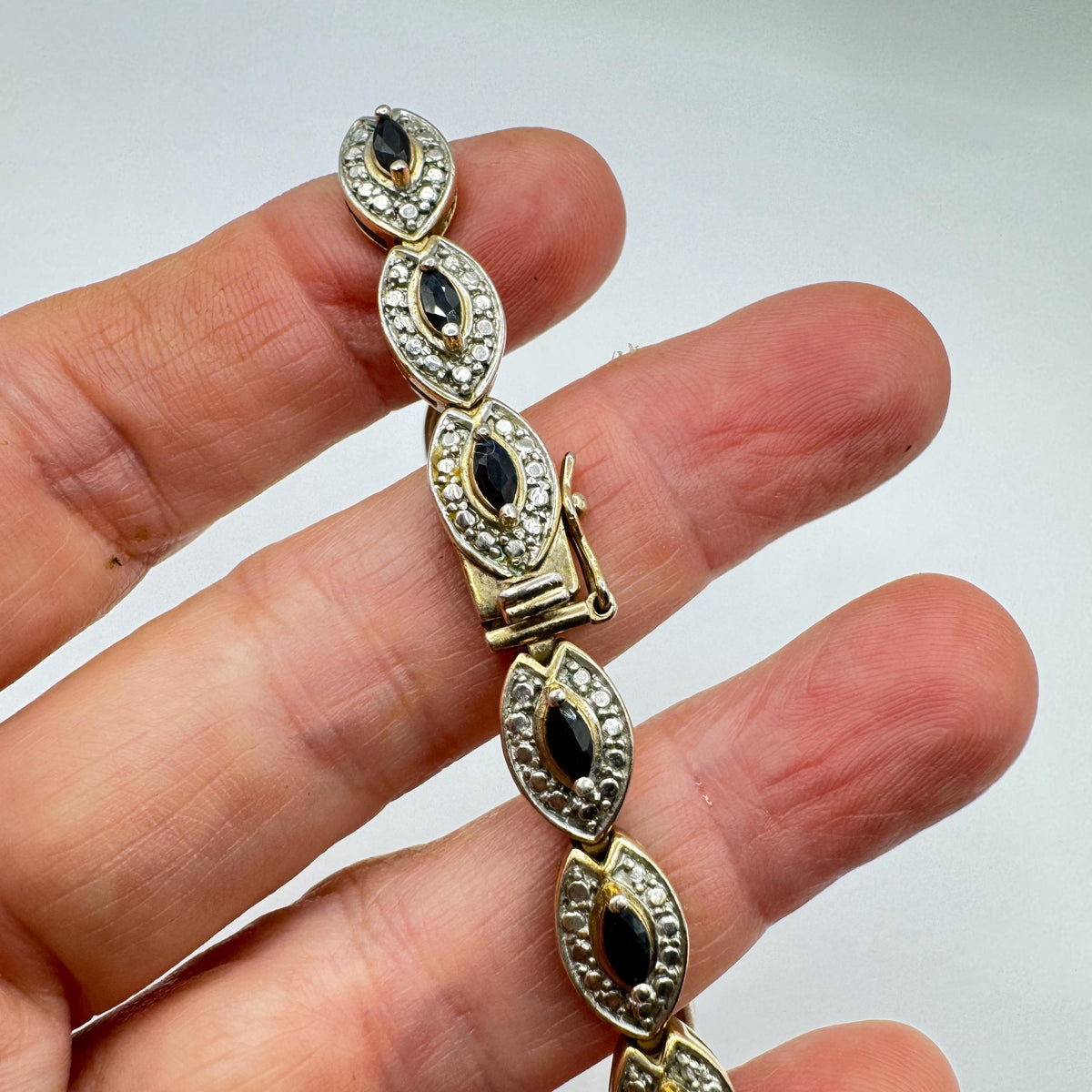 Vintage Deco Blue Sapphire Tennis Bracelet, Golden 925 Sterling Silver (7.25 Inch)