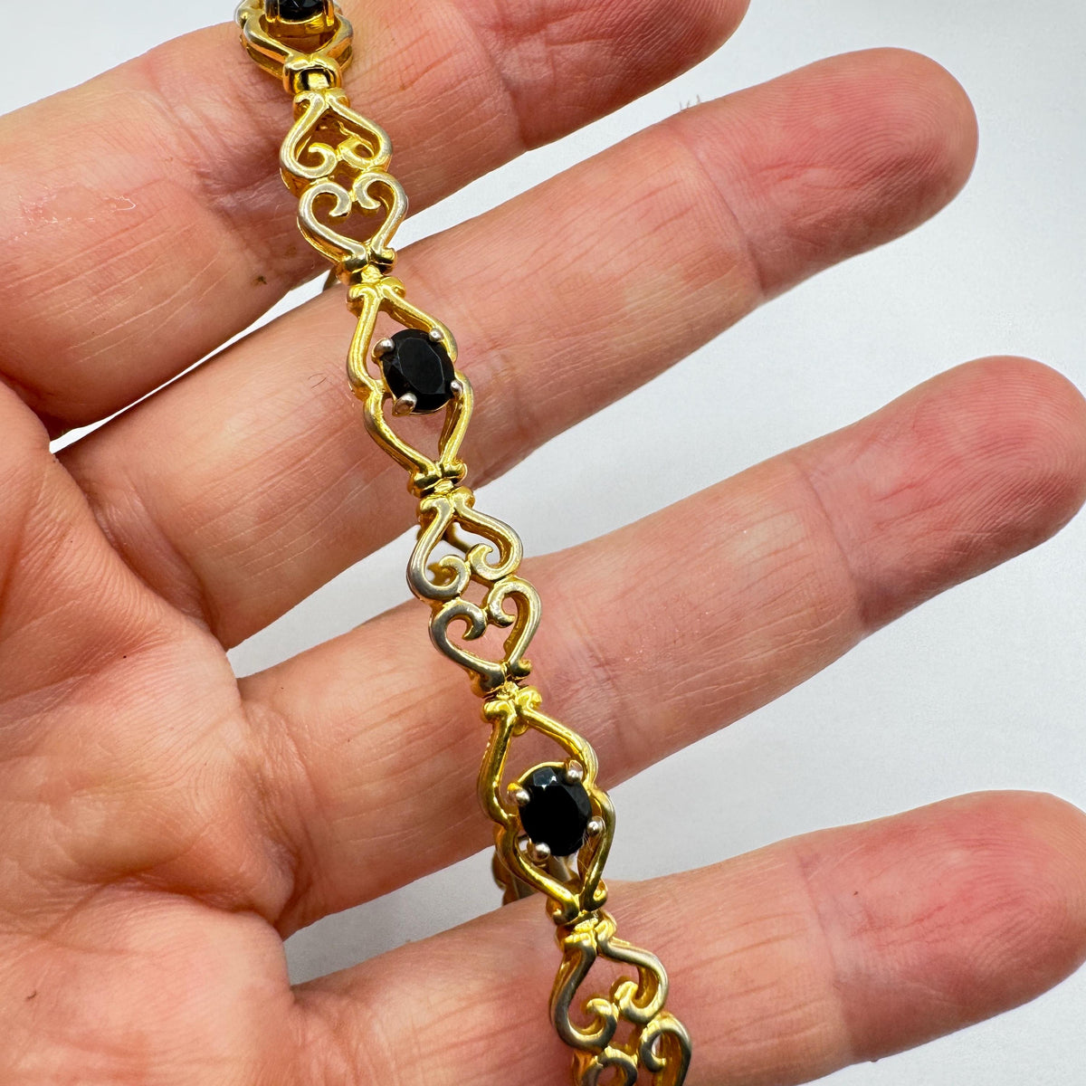 Vintage Deco Blue Sapphire Tennis Bracelet, Golden 925 Sterling Silver (7.5 Inch)
