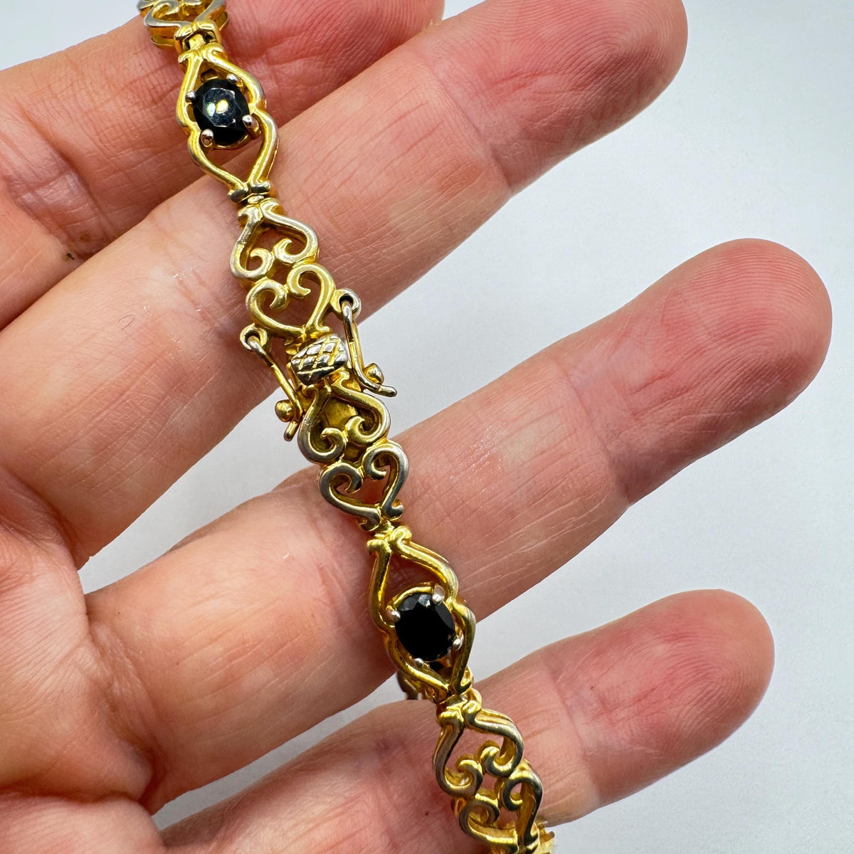 Vintage Deco Blue Sapphire Tennis Bracelet, Golden 925 Sterling Silver (7.5 Inch)