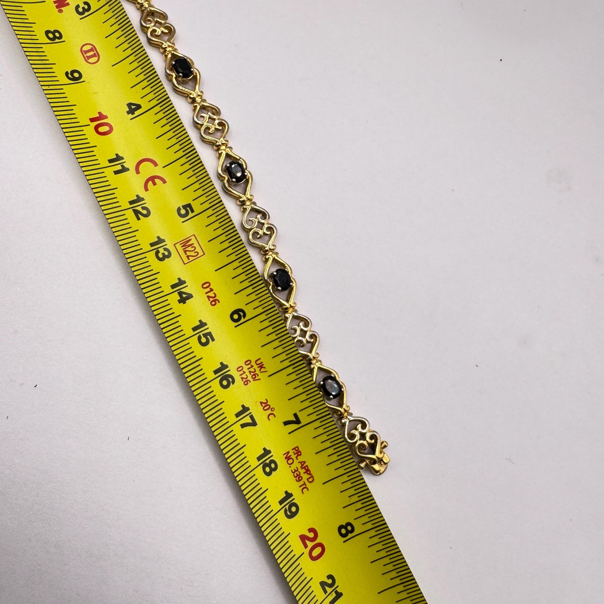 Vintage Deco Blue Sapphire Tennis Bracelet, Golden 925 Sterling Silver (7.5 Inch)