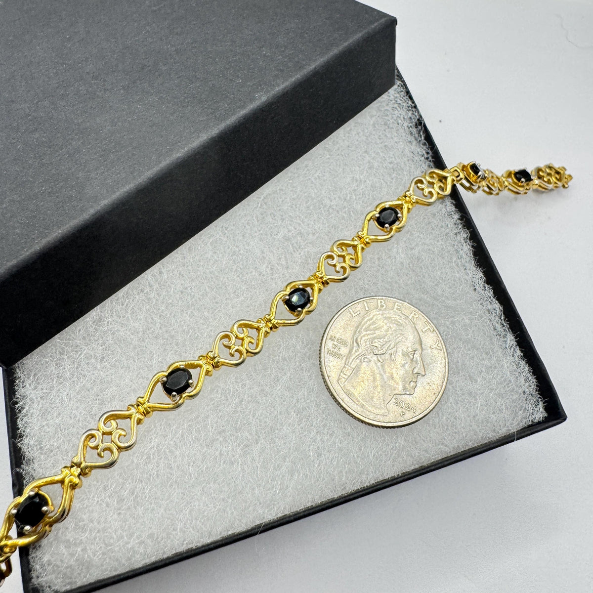 Vintage Deco Blue Sapphire Tennis Bracelet, Golden 925 Sterling Silver (7.5 Inch)