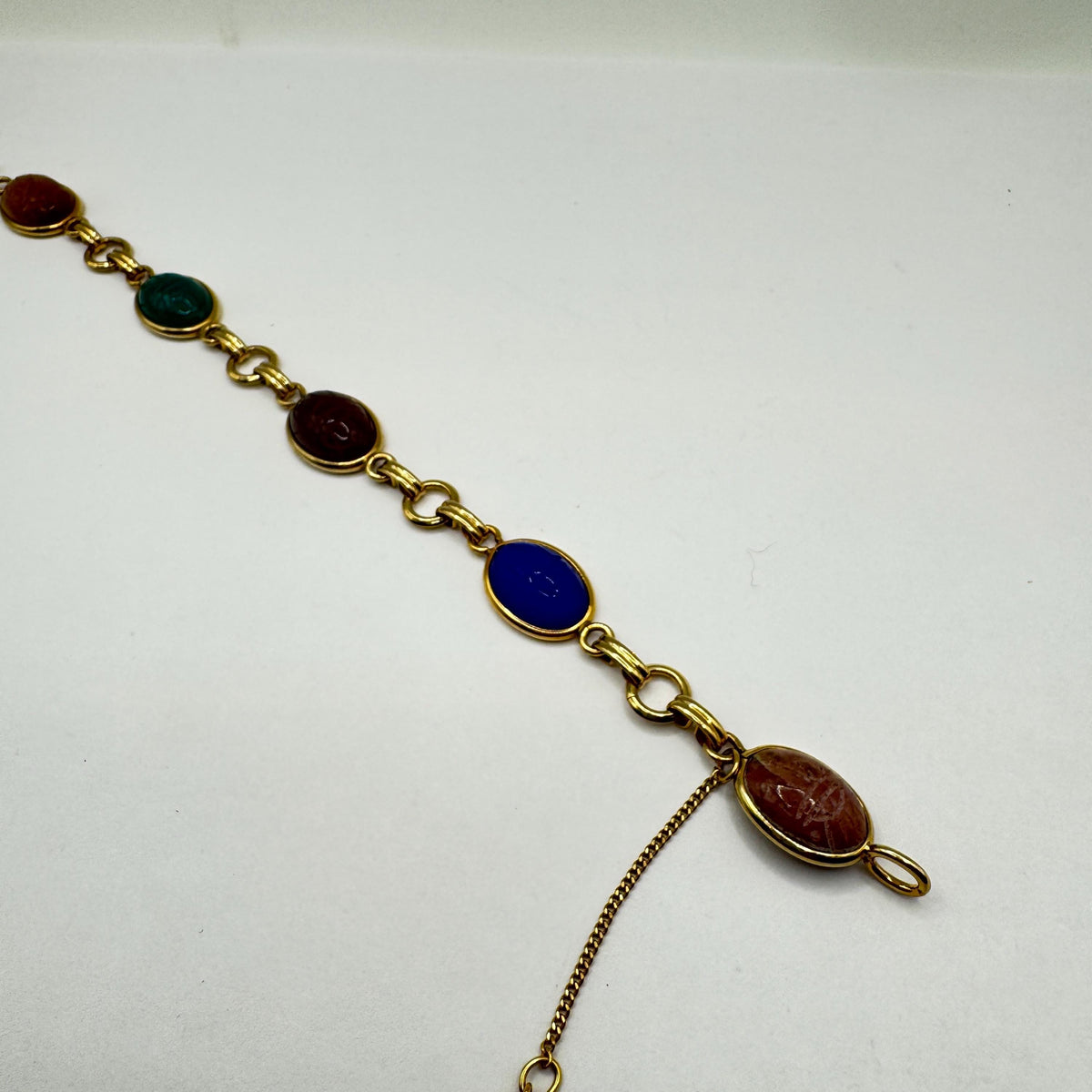 Vintage Scarab Bracelet Egyptian Revival Gold filled Carved Gemstones
