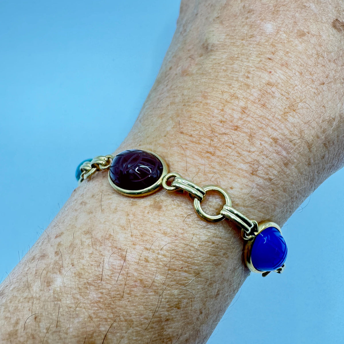 Vintage Scarab Bracelet Egyptian Revival Gold filled Carved Gemstones