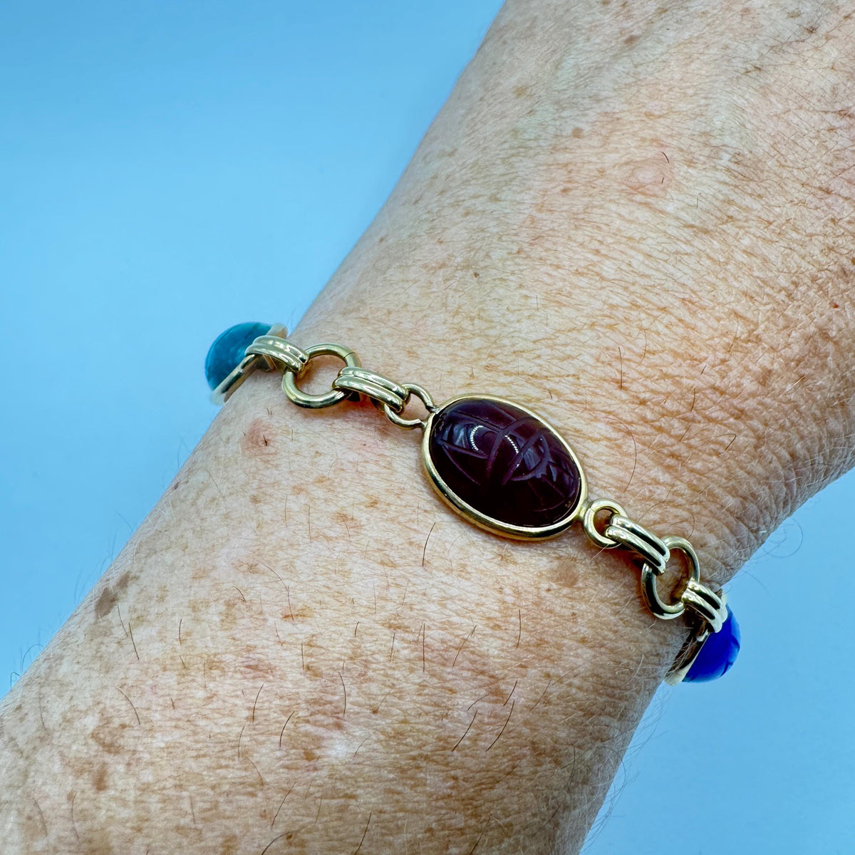 Vintage Scarab Bracelet Egyptian Revival Gold filled Carved Gemstones