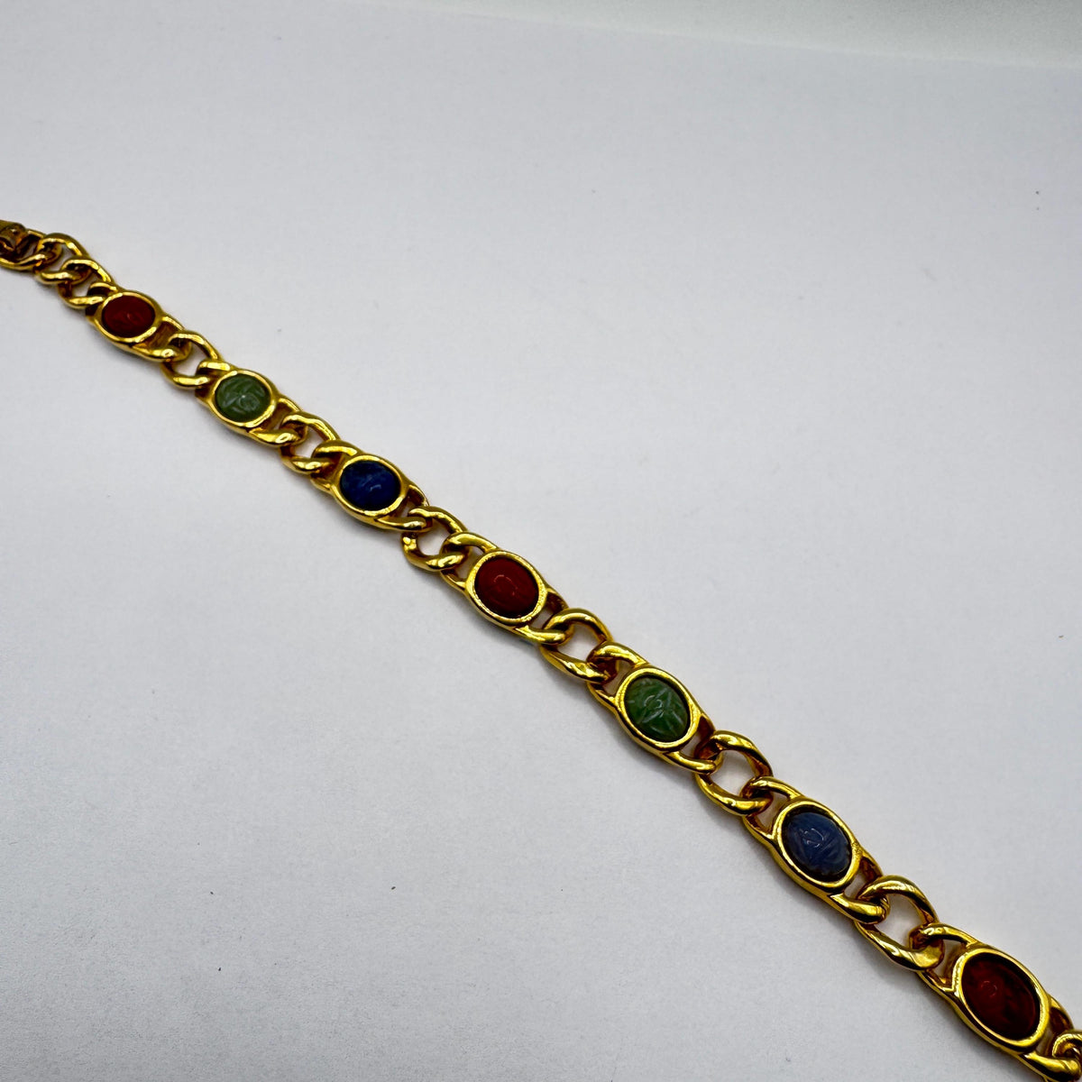 Vintage Scarab Bracelet Egyptian Revival Gold filled Carved Gemstones