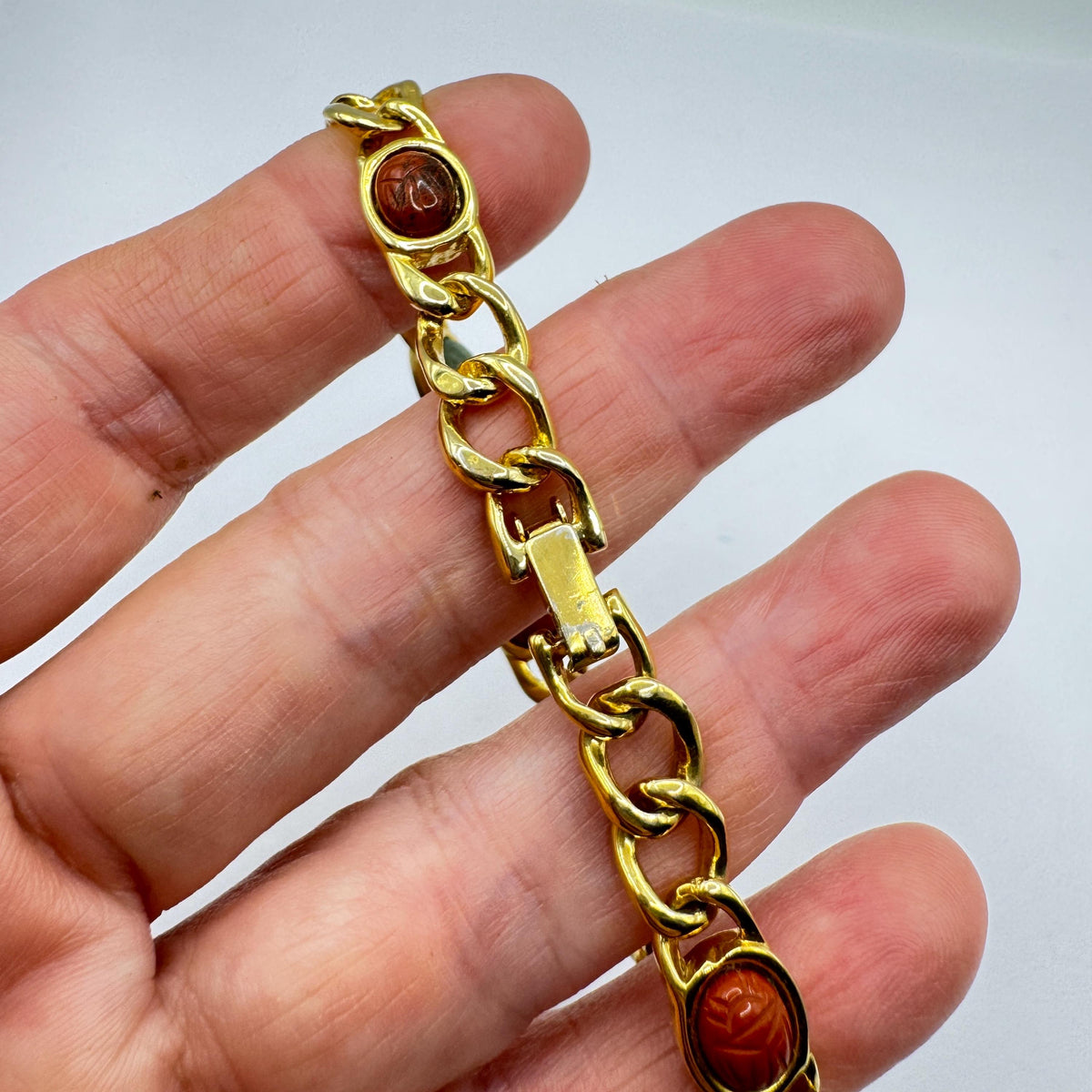 Vintage Scarab Bracelet Egyptian Revival Gold filled Carved Gemstones