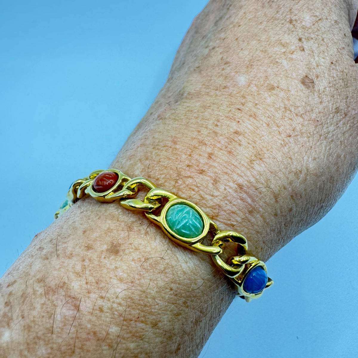 Vintage Scarab Bracelet Egyptian Revival Gold filled Carved Gemstones