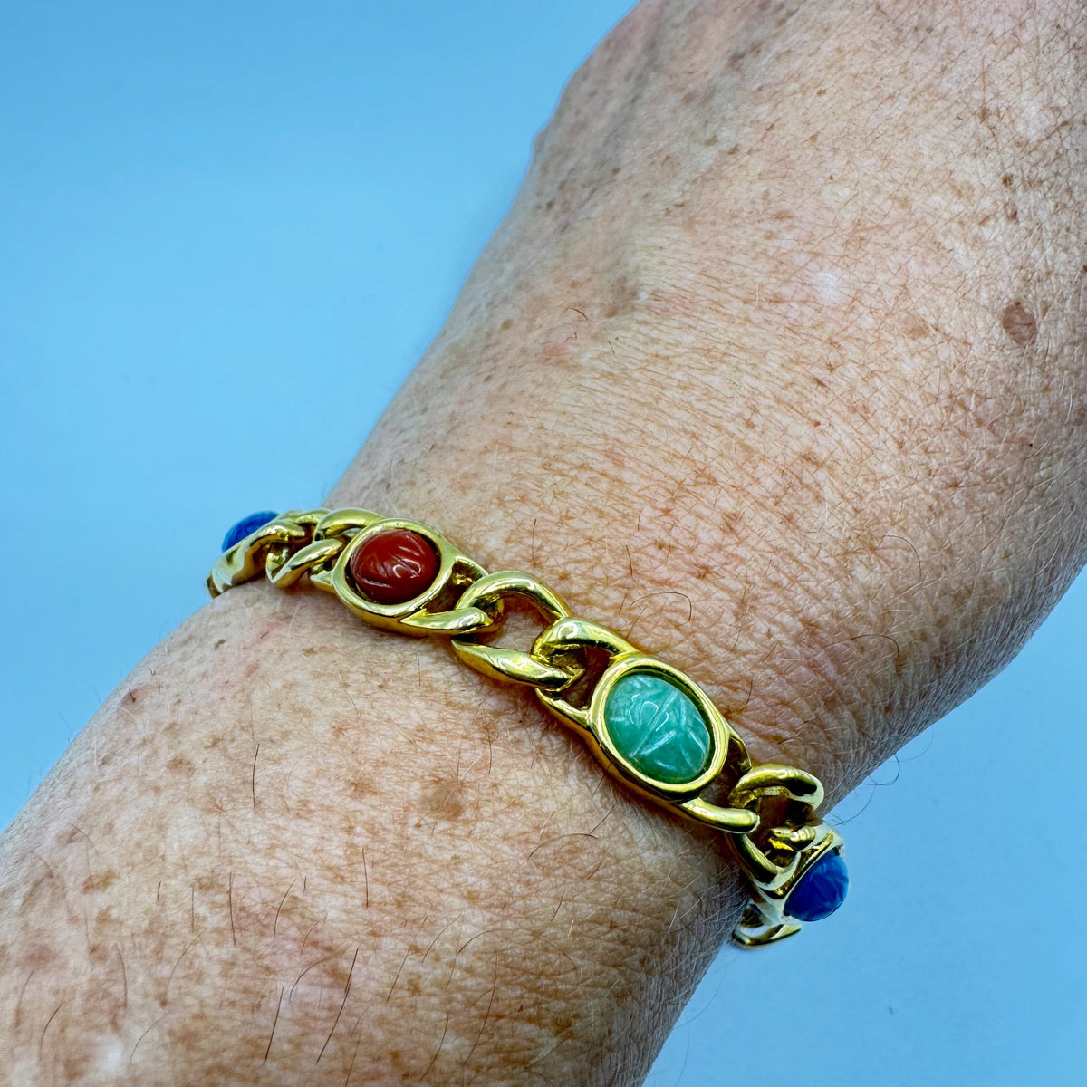 Vintage Scarab Bracelet Egyptian Revival Gold filled Carved Gemstones