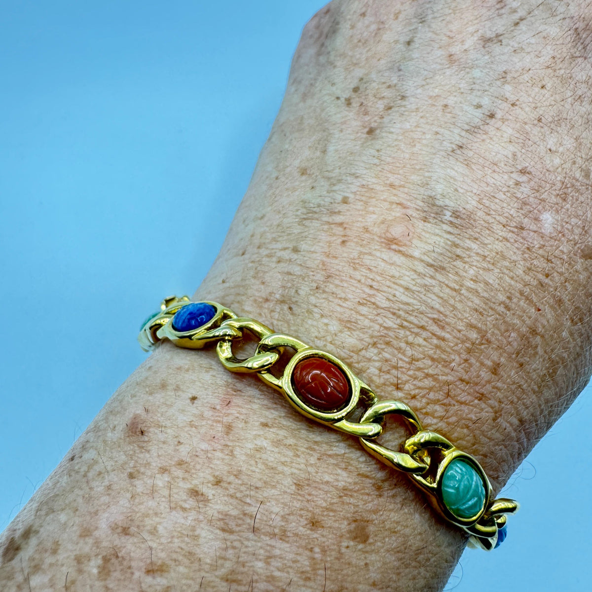Vintage Scarab Bracelet Egyptian Revival Gold filled Carved Gemstones