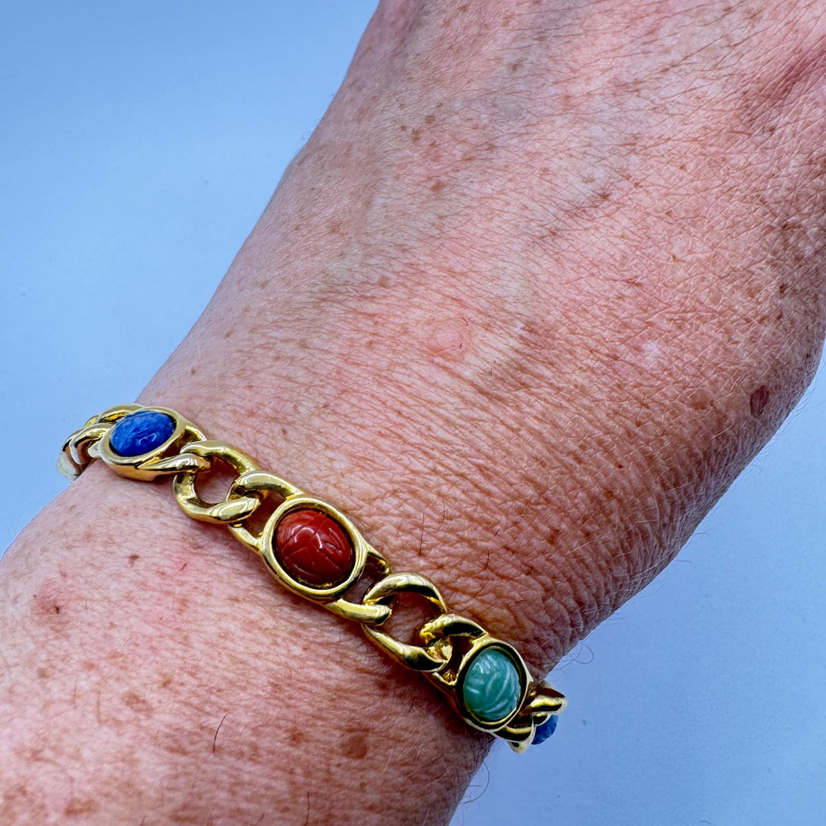 Vintage Scarab Bracelet Egyptian Revival Gold filled Carved Gemstones