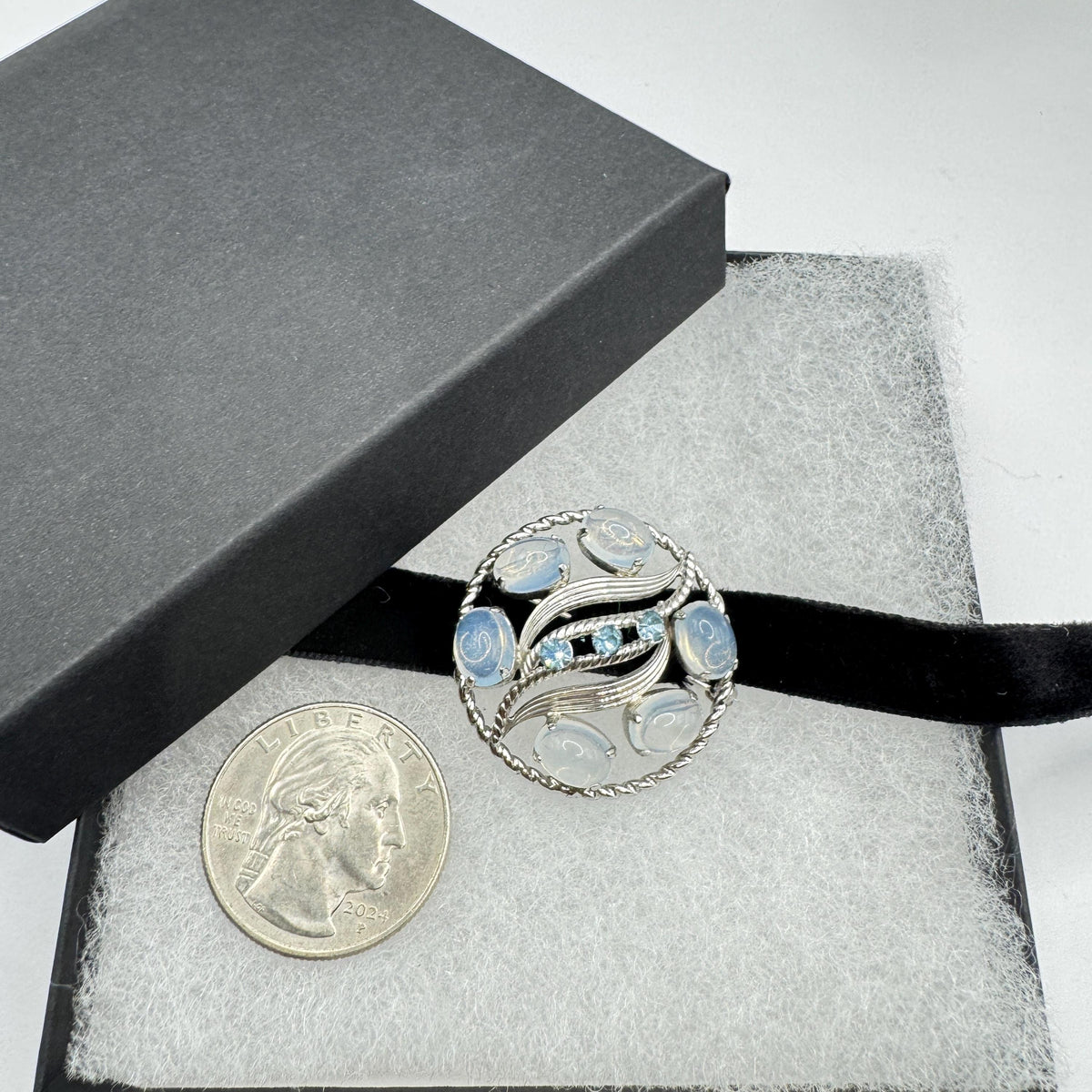 Vintage White Moonstone 925 Sterling Silver Rhodium Brooch Pin Necklace Black Velvet Choker