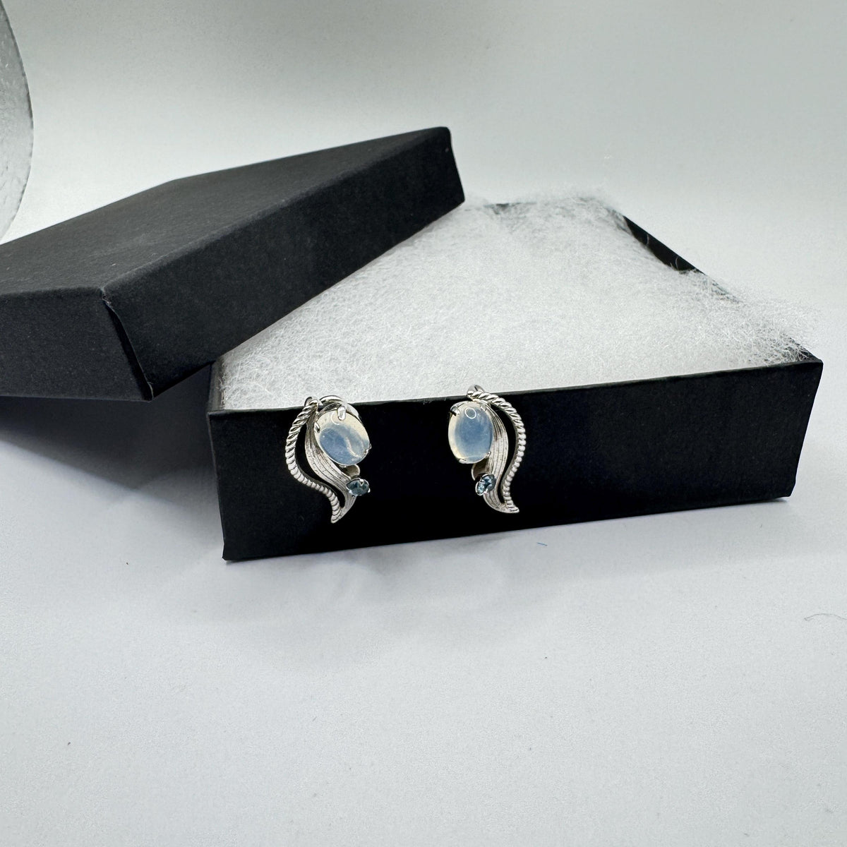 Vintage White Moonstone Blue Crystal Sterling Silver Screw on Clip Earrings non pierced