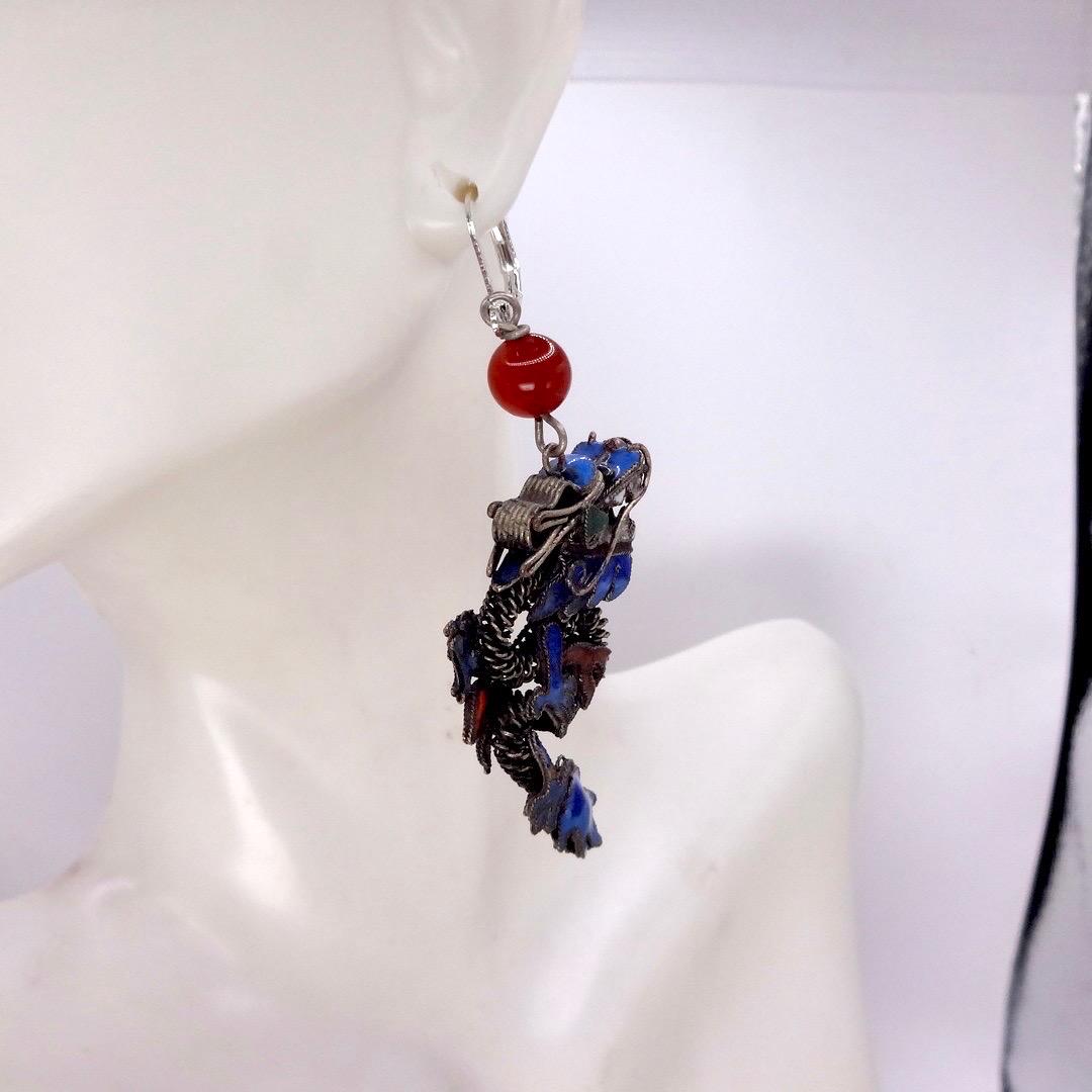 Antique Vintage Asian Blue Dragon 925 Sterling Silver Dangle Lever Back Earrings