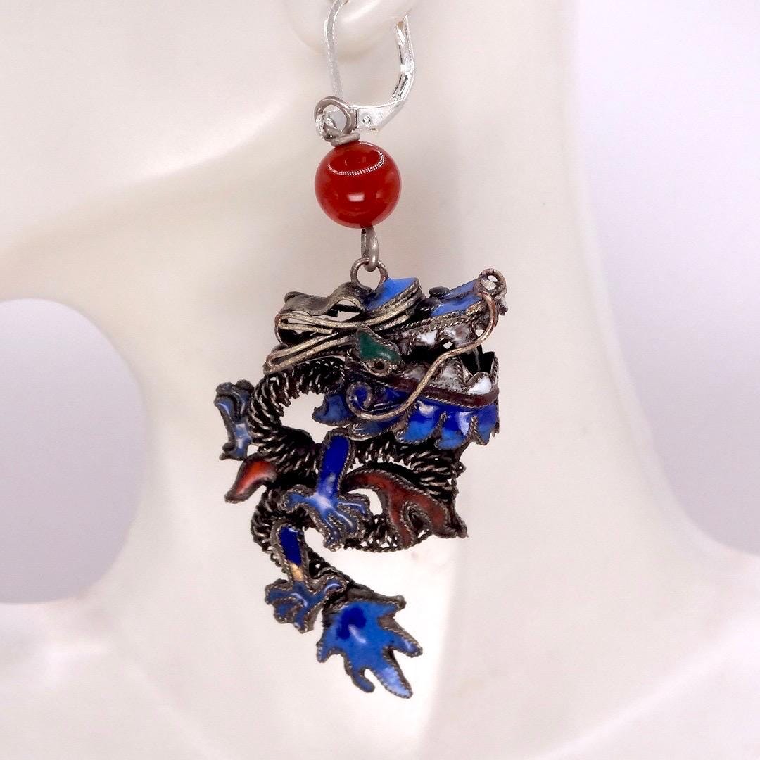 Antique Vintage Asian Blue Dragon 925 Sterling Silver Dangle Lever Back Earrings