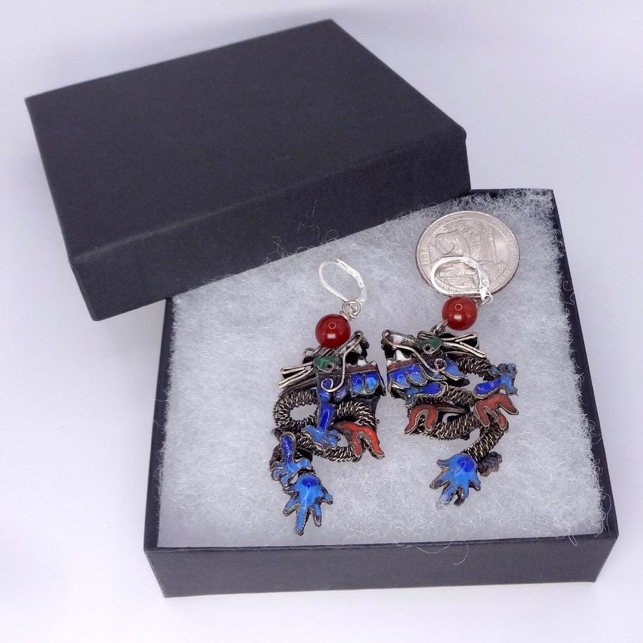 Antique Vintage Asian Blue Dragon 925 Sterling Silver Dangle Lever Back Earrings