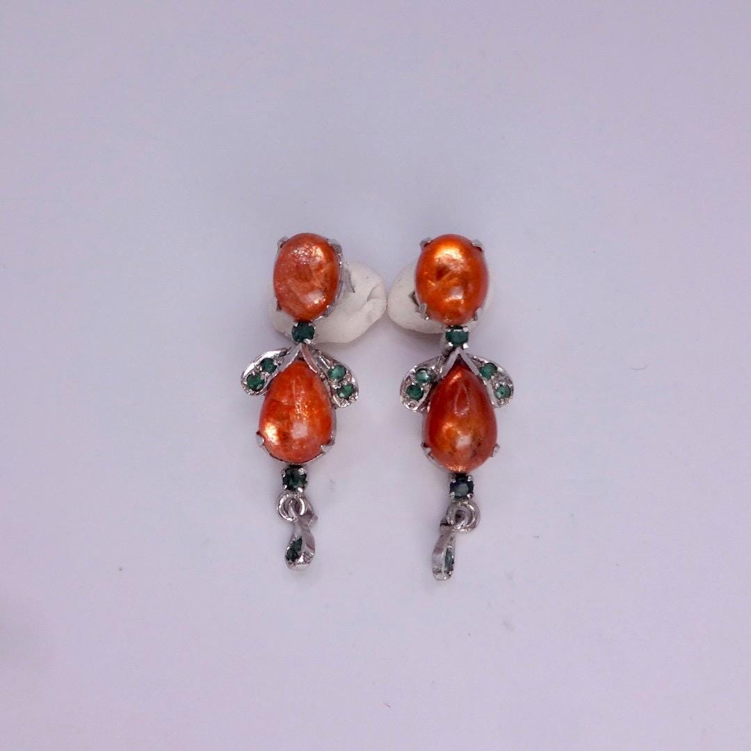 Vintage Citrine Emerald Earrings 925 Sterling Silver Deco