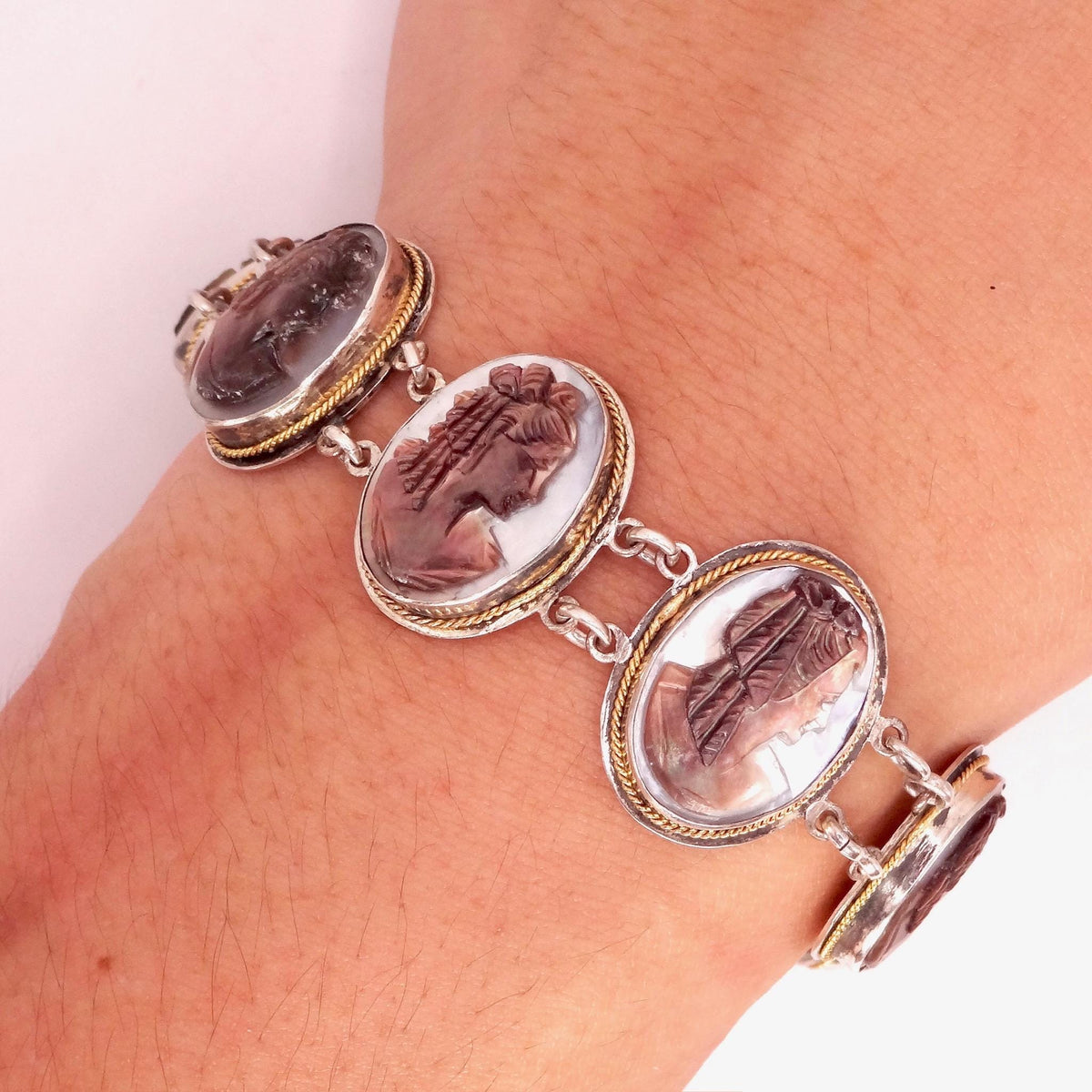 Vintage Abalone Cameo Bracelet 925 Sterling Silver 7 inches