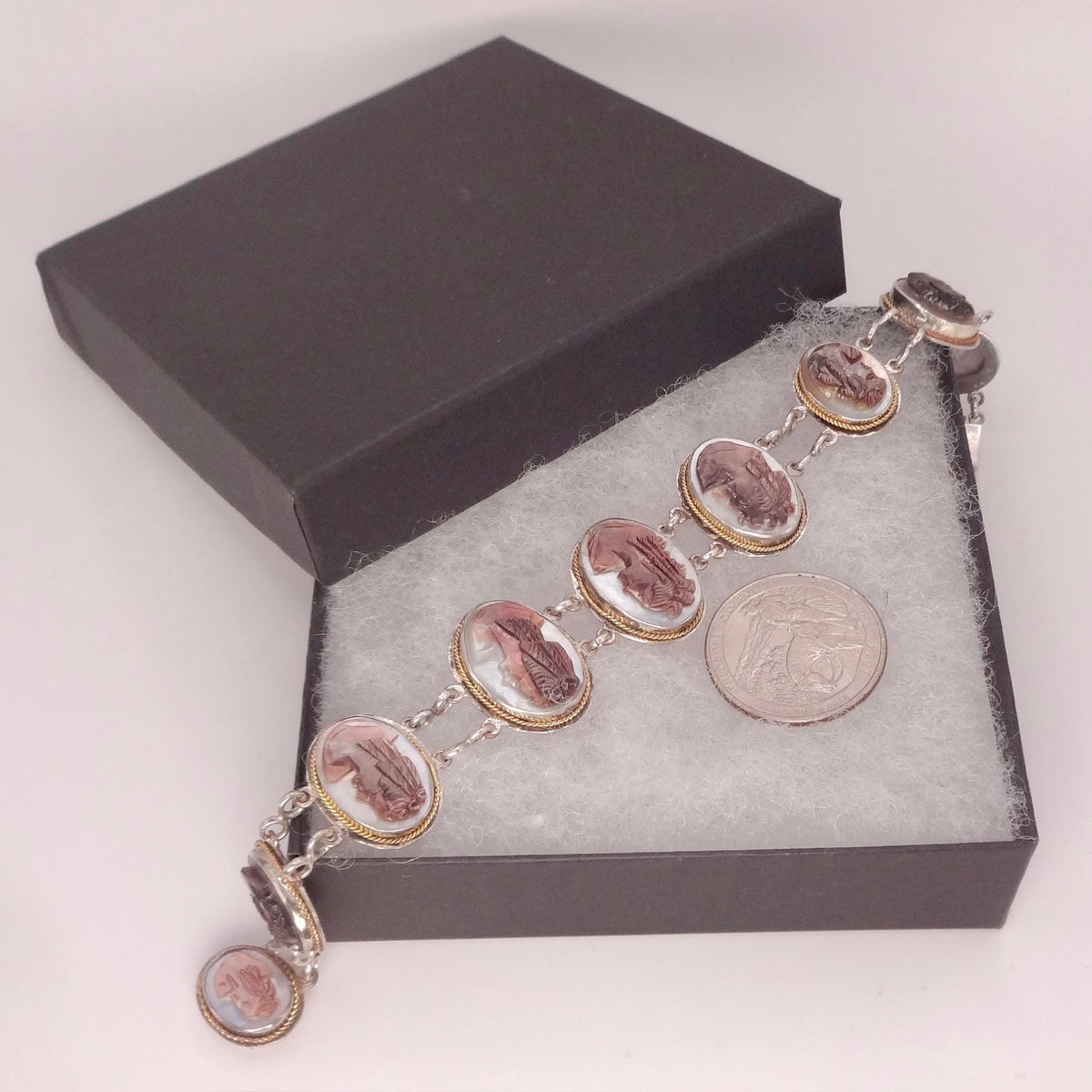 Vintage Abalone Cameo Bracelet 925 Sterling Silver 7 inches