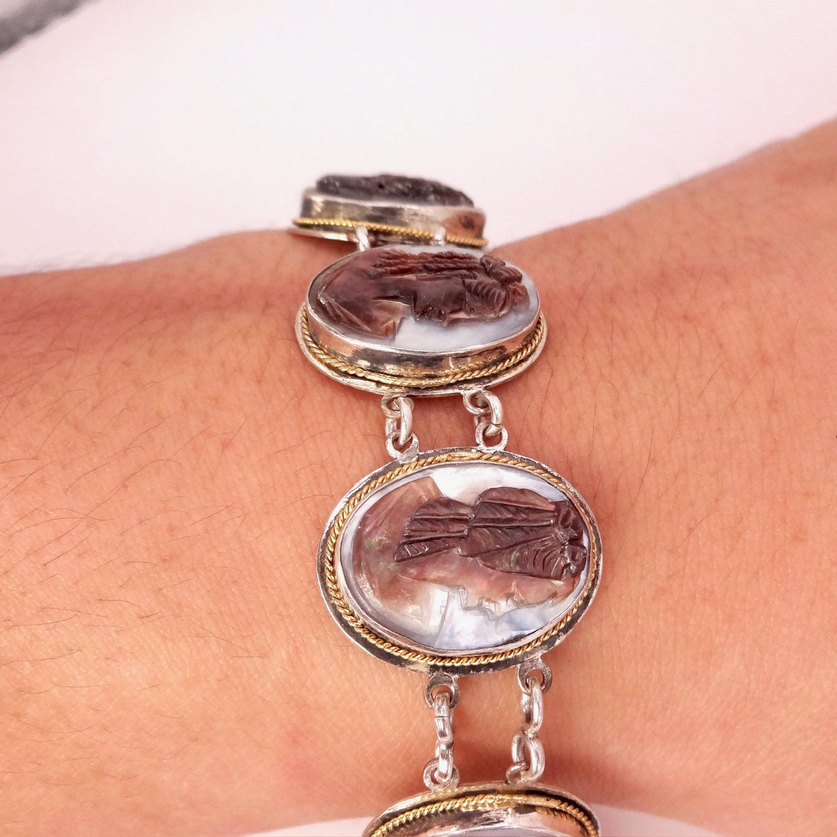Vintage Abalone Cameo Bracelet 925 Sterling Silver 7 inches