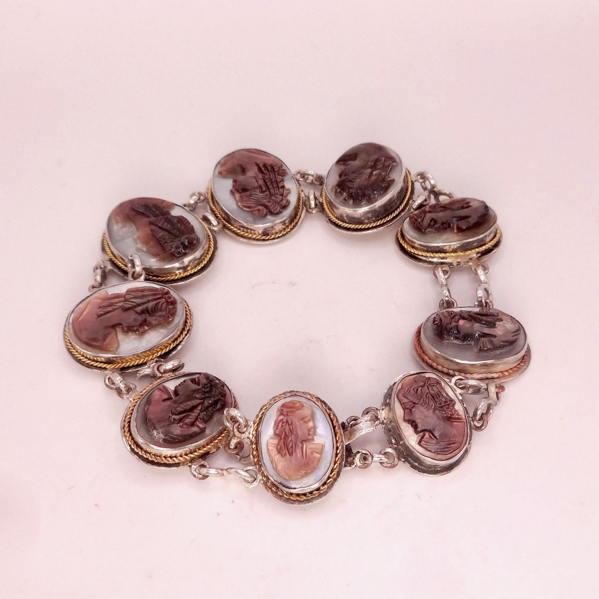 Vintage Abalone Cameo Bracelet 925 Sterling Silver 7 inches