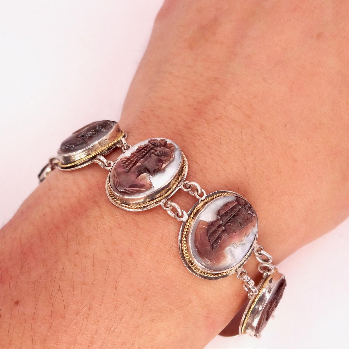 Vintage Abalone Cameo Bracelet 925 Sterling Silver 7 inches