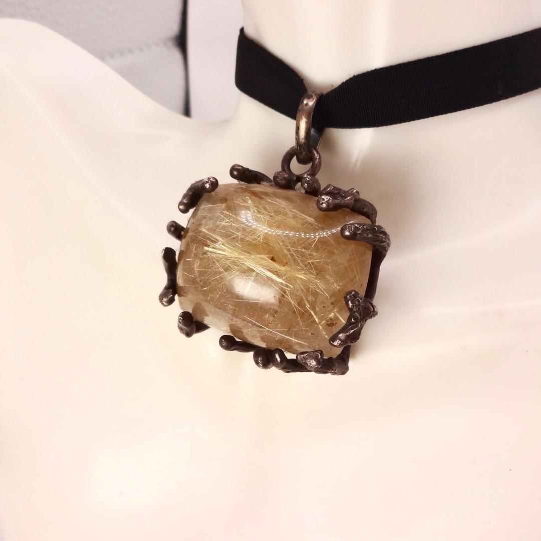 Vintage Rutilated Quartz Black Velvet Choker Pendant 925 Sterling Silver