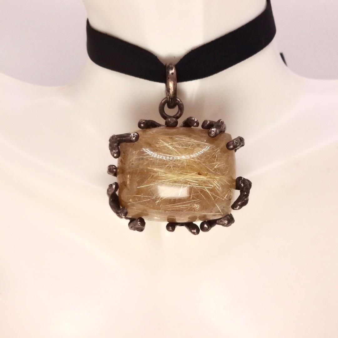 Vintage Rutilated Quartz Black Velvet Choker Pendant 925 Sterling Silver